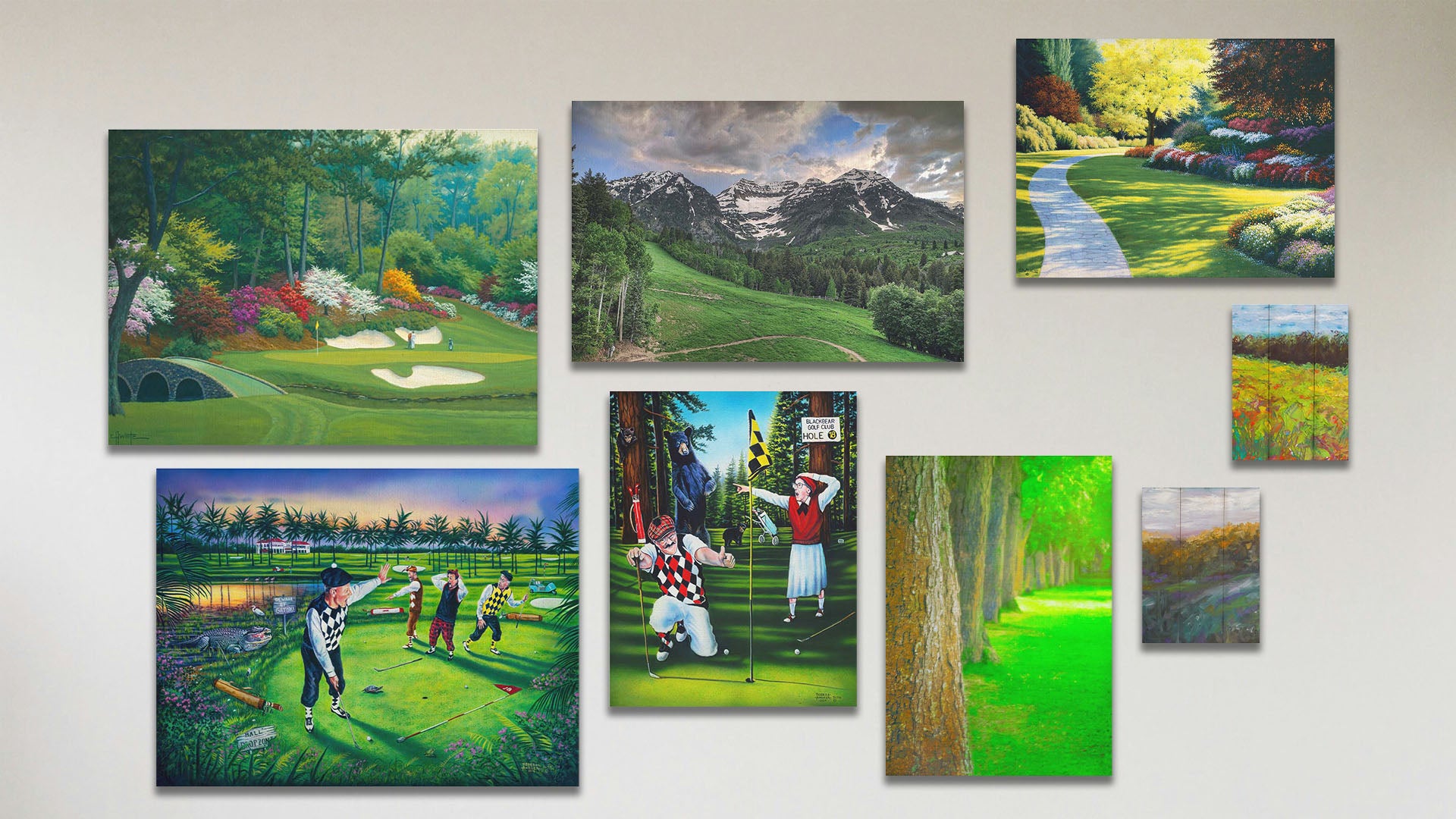 A collage of art in the standard Bear with Me, Dear package, including four canvas paintings of Augusta National golf course, a sunny garden, golfers being interrupted by alligators, and golfers being interrupted by bears; two canvas photographs of Mount Timpanogos and a park tree line; and two box board paintings of meadow landscapes.