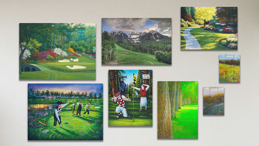 A collage of art in the standard Bear with Me, Dear package, including four canvas paintings of Augusta National golf course, a sunny garden, golfers being interrupted by alligators, and golfers being interrupted by bears; two canvas photographs of Mount Timpanogos and a park tree line; and two box board paintings of meadow landscapes.