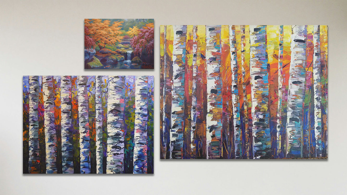 A collage of art in the standard Tangerine Dream package, including two canvas paintings of colorful birch forests and a box board painting of a garden with a koi fishpond.