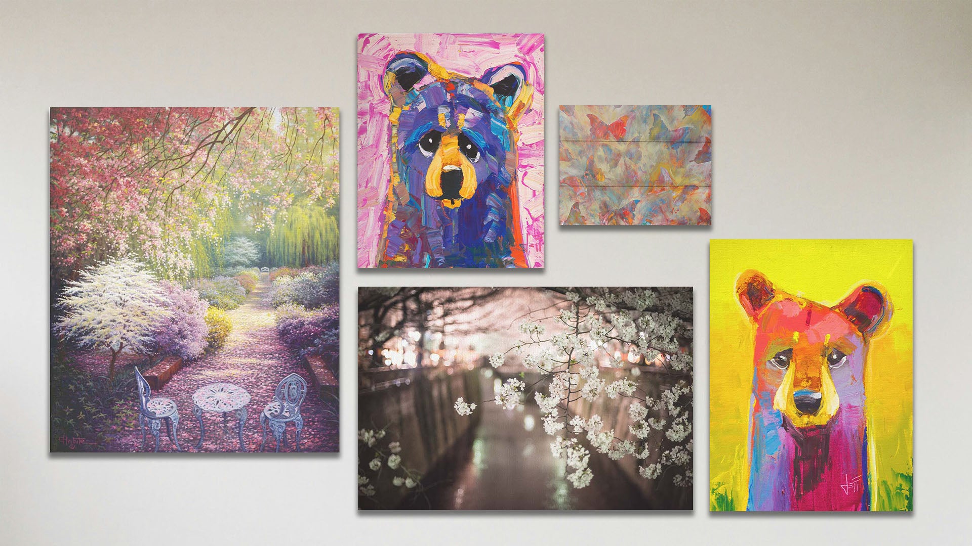 A collage of art in the standard Tangerine Dream package, including two canvas paintings of colorful stylized bears, a canvas painting of a garden blossoming with cherry trees, a canvas photograph of cherry blossoms in Japan, and a box board painting of butterflies.