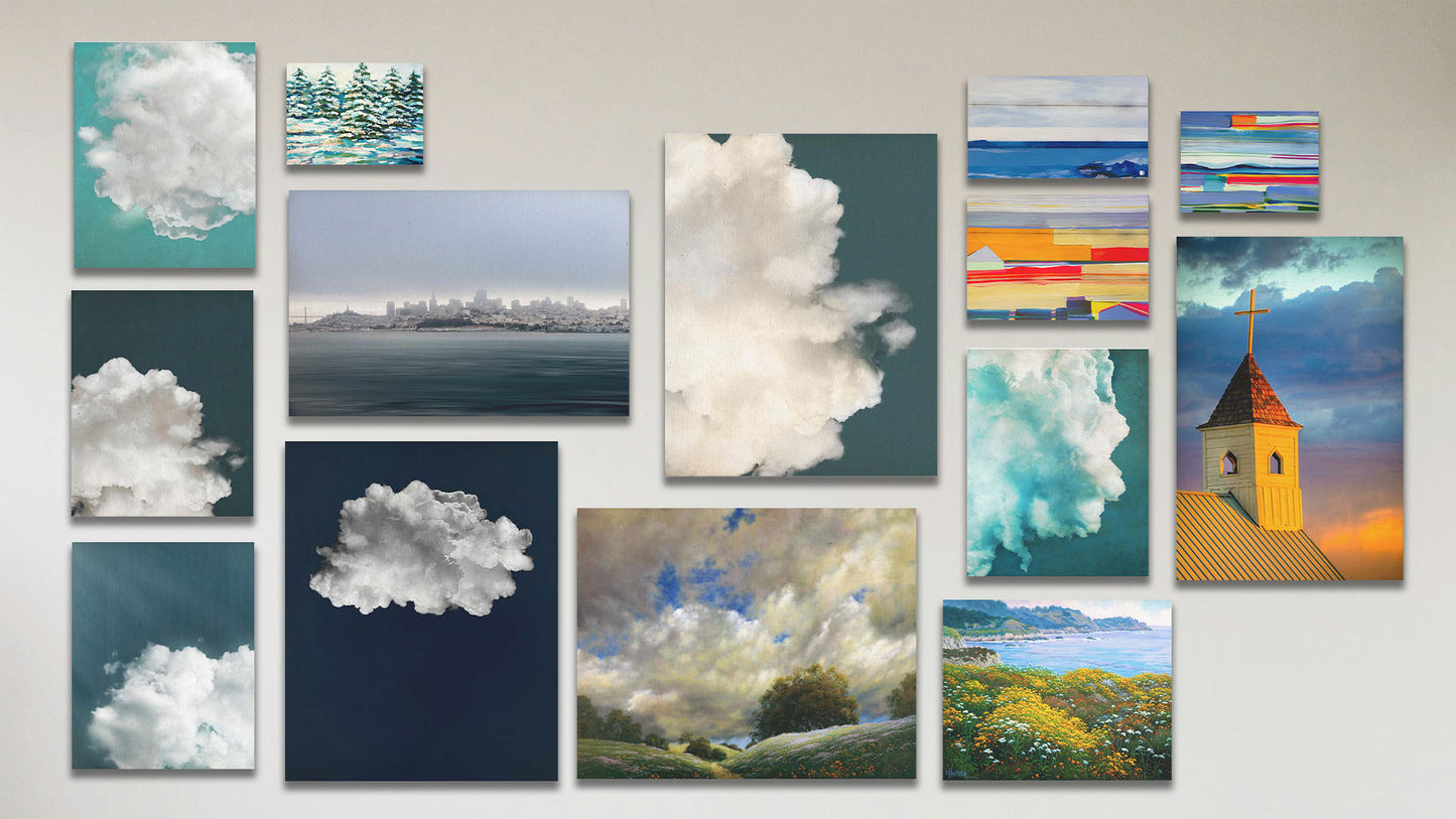 A collage of art in the standard Clouds package, including six canvas photographs of clouds, three box board abstract paintings invoking sea and field landscapes, a box board painting of snowy evergreens, a canvas painting of the cloudy sky over a green hill, a canvas painting of cliffside greenery above the sea, a canvas photograph of the San Francisco skyline, and a canvas photograph of a church at sunset.