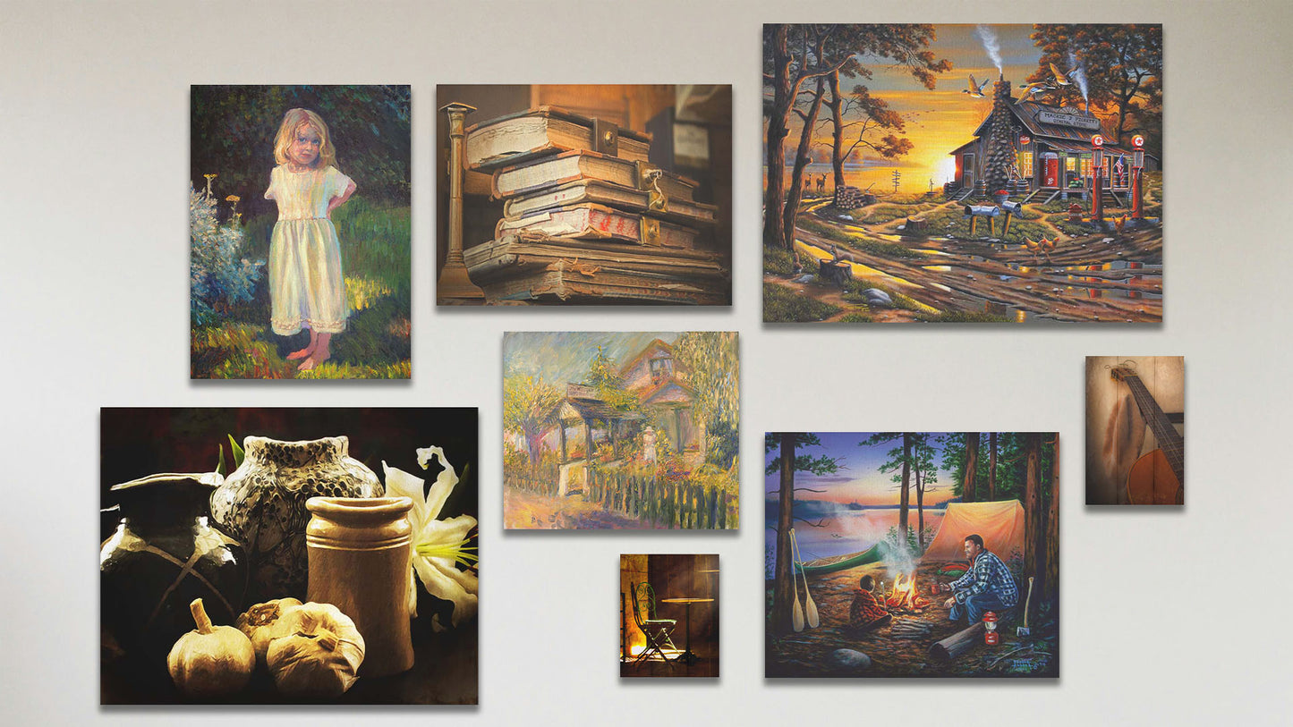 A collage of art in the standard Crack of Dawn package, including four canvas paintings of an old lakeside gas station, people camping at sunset, a garden store, and a child in a garden; two canvas photos of old books and pottery; and two box board photos of an old guitar and a dining chair.