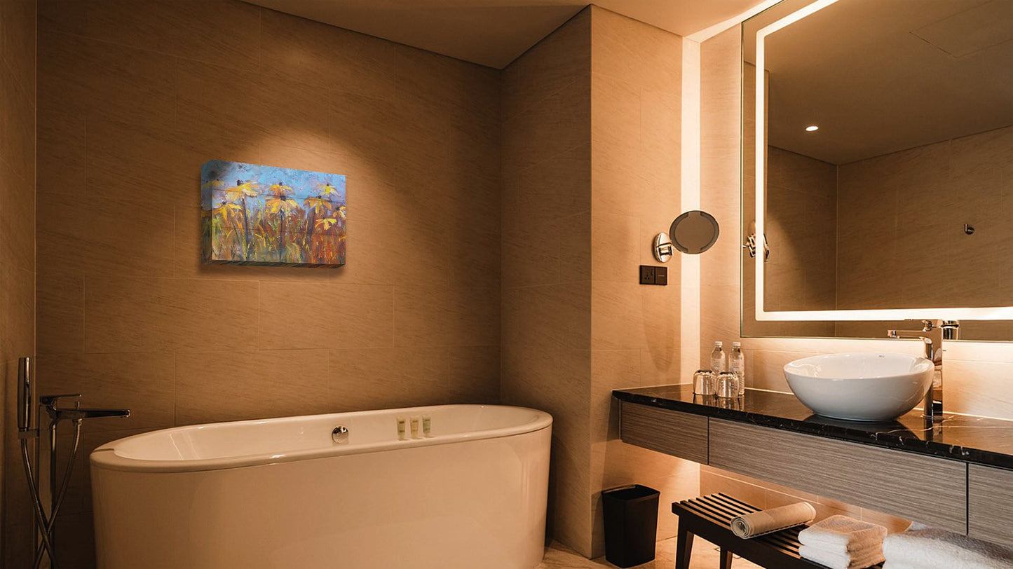 A warm-toned bathroom with a large tub. A canvas painting of coneflowers hangs on the wall.