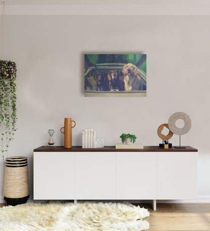 A white-walled room with a long, white cabinet decorated with sculptures, plants, and a woven basket. A canvas painting of three dogs riding in a car hangs on the wall.