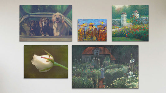 A collage of art in the luxury Green Dream package, including three canvas paintings of a walled garden, three dogs riding in a car, and a cottage surrounded by a garden; a canvas photograph of a white rose; and a box board painting of coneflowers.