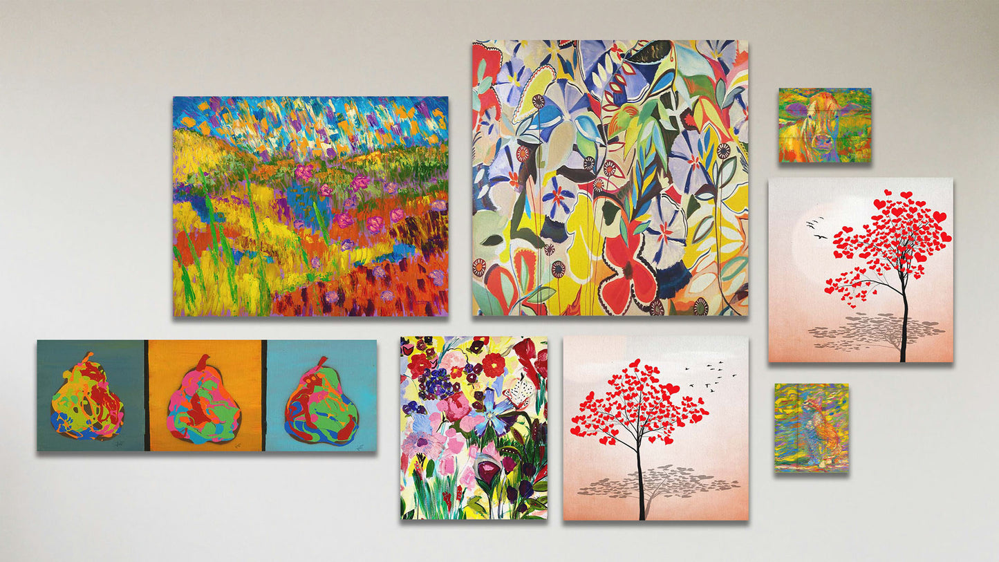 A collage of art in the standard All Day Long package, including two box board paintings of a colorful cat and a colorful cow, two canvas designs of trees with hearts for leaves, two canvas abstract paintings inspired by floral gardens, a canvas painting of an abstracted floral meadow landscape, and a canvas painting of three pears.