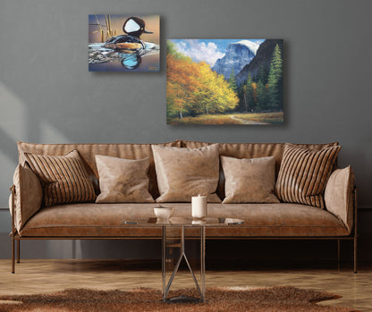 Two paintings hanging on a living room wall. The first is a painting of a hooded merganser duck, floating on the water with its reflection rippling below. Printed on canvas. The second is a painting of Yosemite National Park, with the iconic Half Dome batholith surrounded by wispy clouds. The fall foliage lines the trail to the summit. Printed on canvas.