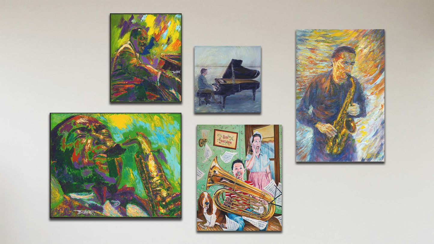 A collage of art in the standard jazz package, including four canvas paintings of Charlie Parker, Count Basie, a man playing saxophone, and a child practicing tuba; and a box board painting of a person playing piano.