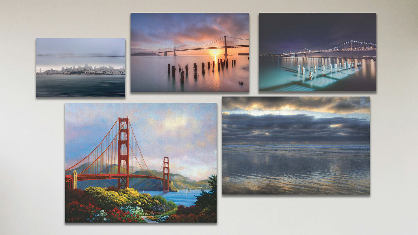 A collage of art in the standard Morning at the Golden Gate package, including three canvas photos of San Francisco at sunrise, San Francisco at night, and Scripps Pier in La Jolla, CA; a canvas painting of the Golden Gate Bridge; and a box board photograph of the San Francisco, California, skyline.