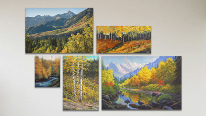 A collage of art in the standard Mountain Stream package, including three canvas paintings of a birch forest, an aspen copse, and a stream through a mountain forest in fall; a canvas photo of Sundance ski resort in fall; and a box board painting of a stream running through an autumn forest.