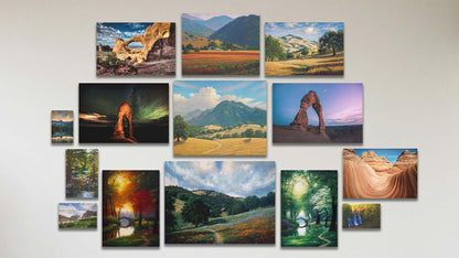 A collage of art in the standard Mt Diablo package, including four box board photos of Mt Timpanogos in summer, Burney Falls, Lake Mamie, and Guadalupe River, TX; four canvas photos of Arches National Park UT and the Wave rock formation; and six canvas paintings of vineyards in Oakville, CA, Mount Diablo, a meadow in spring, and a park path in spring and fall.