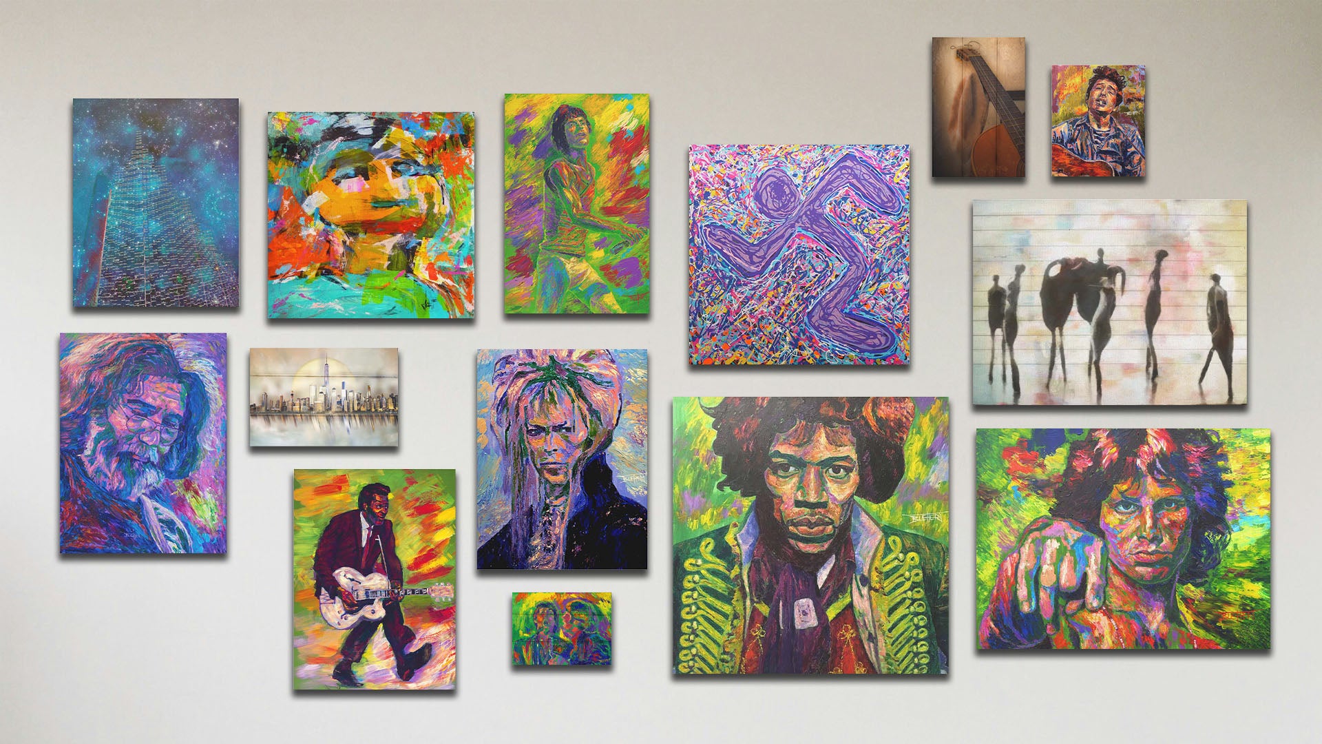 A collage of art in the standard music package, including two box board paintings of Bob Dylan and John Lennon with Paul McCartney; two box board photographs of a city skyline and a guitar; eight canvas paintings of Jimi Hendrix, Chuck Berry, Jerry Garcia, David Bowie, Mick Jagger, Jim Morrison, a contemporary running figure, and a contemporary portrait; and two canvas photographs of a dreamy skyscraper in the night sky and dancing figures.