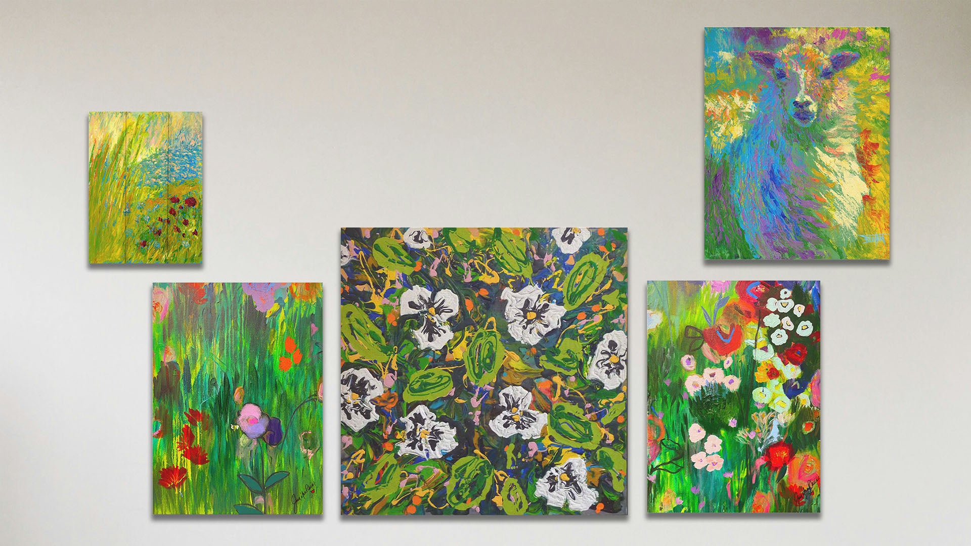 A collage of art in the standard Pansy Dance package, including a box board painting of an abstracted pond, a canvas painting of a colorful sheep, a canvas contemporary painting of a pansy garden, and a set of two canvas paintings of contemporary flower gardens.