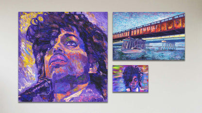 A collage of art in the standard Prince package, including a box board painting of Prince, a canvas painting of Prince, and a canvas painting of a Minnesota bridge with "Purify Yourself" graffiti referencing the 1984 "Purple Rain" Prince movie.