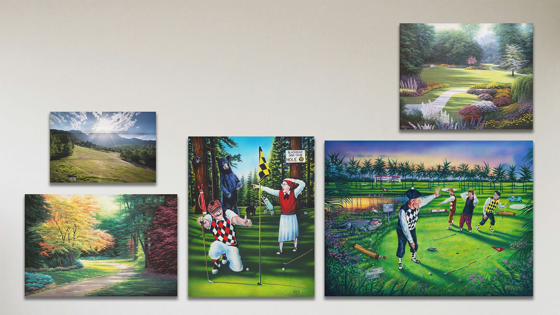 A collage of art in the standard Quiet on the Green package, including a canvas painting of golfers being interrupted by bears, a canvas painting of golfers being interrupted by alligators, two canvas paintings of garden paths, and a box board photo of Mount Timpanogos.