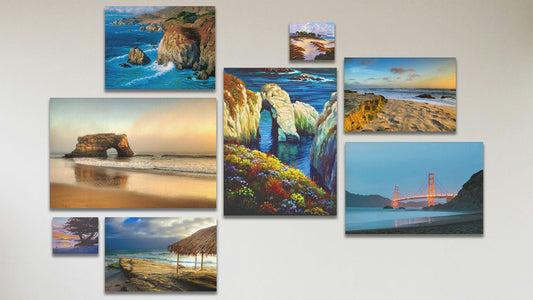 A collage of art in the standard Santa Cruz Natural Bridges package, including two canvas photographs of Windansea Beach, La Jolla, California; two canvas photographs of Baker Beach and the Santa Cruz Natural Bridges; two canvas paintings of Point Lobos and Big Sur; and two box board paintings of Caramel Beach and Asilomar, California.