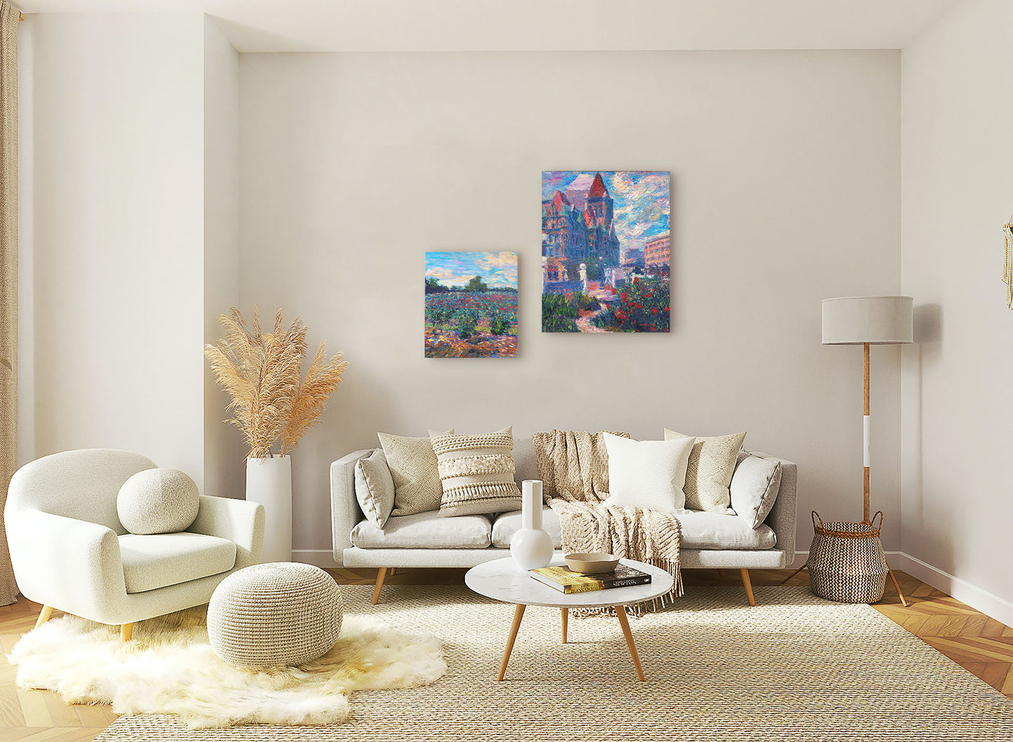 Two paintings hanging on a living room wall. The first is a painting of a field of rose bushes under a blue sky. The paint is layered in thick brushstrokes. Printed on canvas. The second is a painting of Saint Paul, Minnesota in the spring. The rose bushes of the garden are blooming. Printed on canvas.