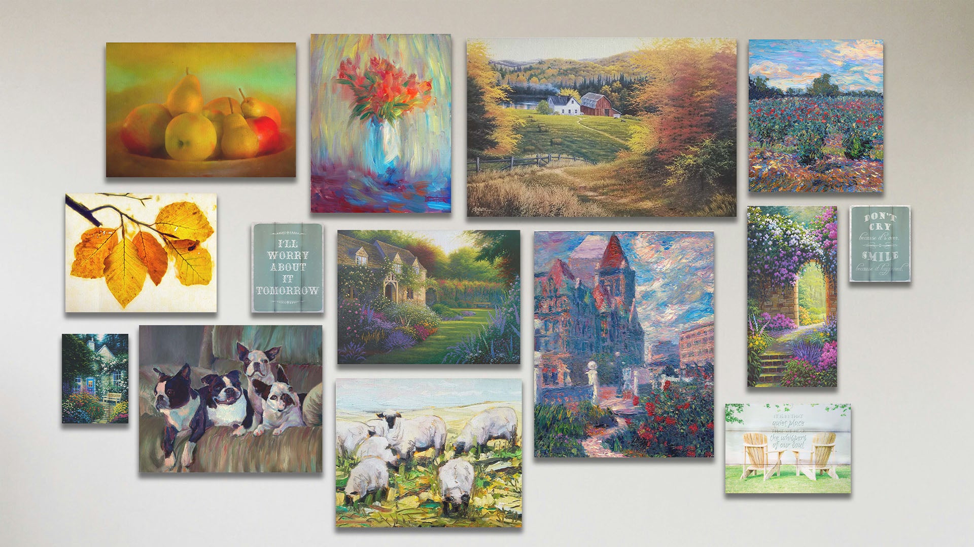 A collage of art in the standard St. Paul in the Spring package, including a box board painting of a home and garden; two box board inspirational word art designs; a box board photo of two lawn chairs overlaid with a quote; and ten canvas paintings of fruit, leaves, two gardens, St. Paul, Minnesota, a farm, grazing sheep, dogs in a chair, a flower vase, and a rose field at Lake Harriet.