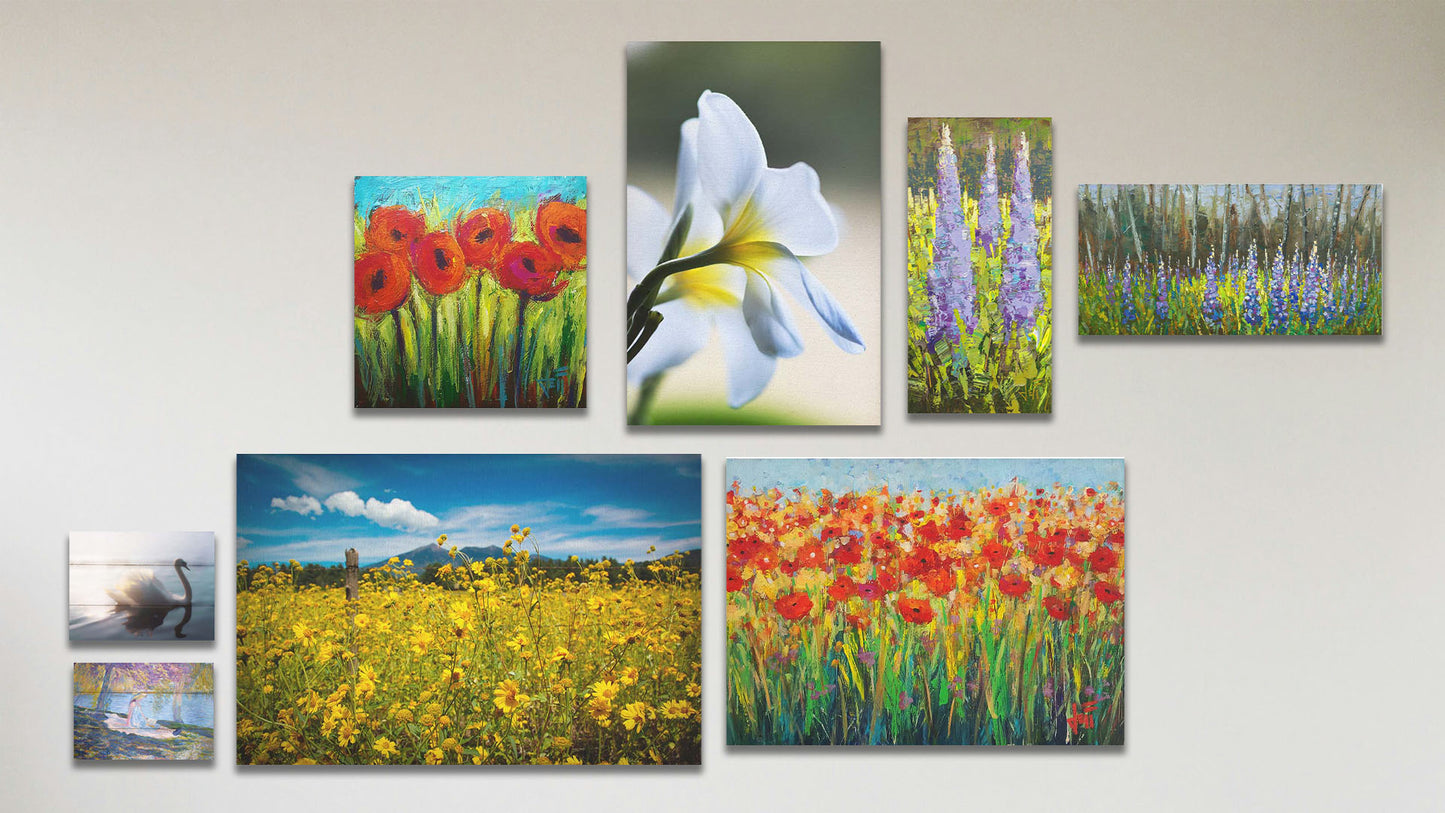 A collage of art in the standard Tangerine Dream package, including two canvas paintings of poppy flowers, two canvas paintings of lupine plants, a canvas photograph of yellow flowers in Arizona, a canvas photograph of white plumeria flowers, a box board painting of a person picnicking by a lake, and a box board painting of a swan.