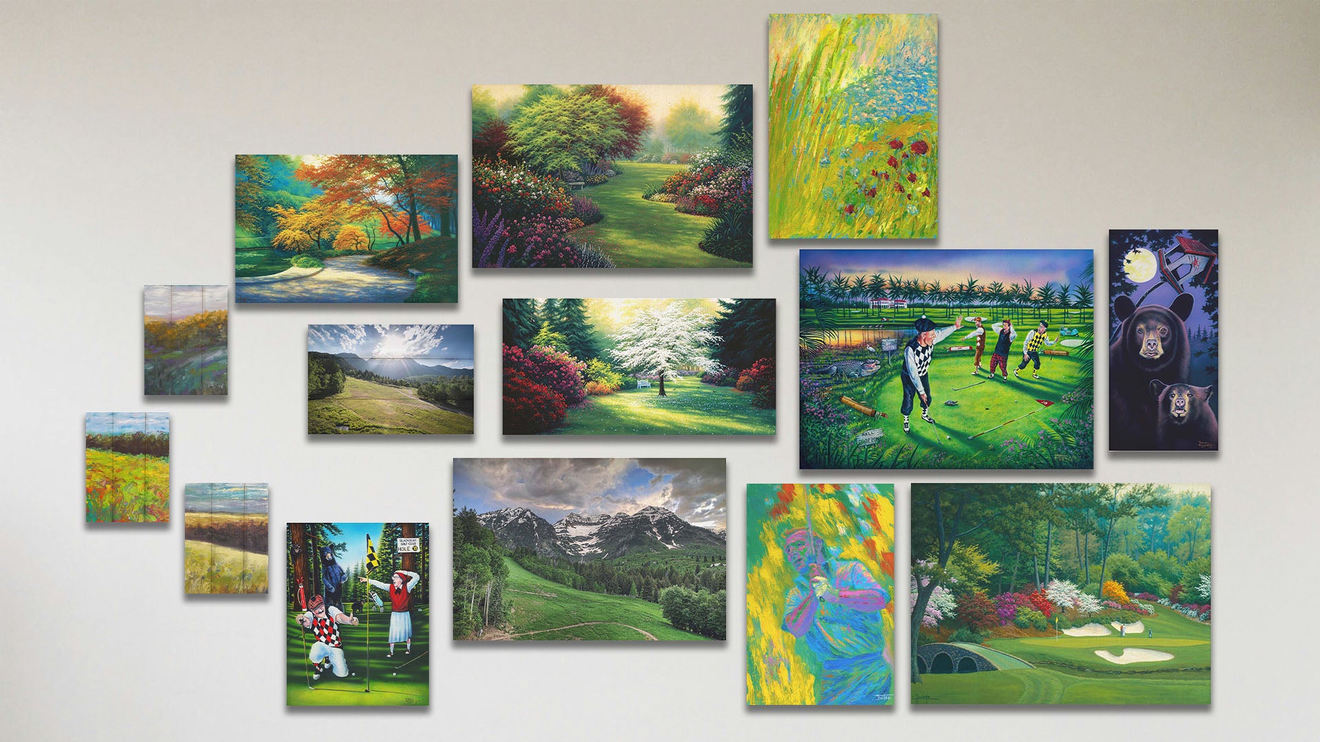 A collage of art in the standard 12th Hole at Augusta package, including nine canvas paintings of golfers being interrupted by bears, bears at night, Arnold Palmer, a pond, a garden path, golfers being interrupted by alligators, a garden clearing, Augusta National golf course, and a road through a forest; a canvas photograph of Mount Timpanogos; three box board paintings of meadow landscapes; and a box board photograph of Mount Timpanogos.