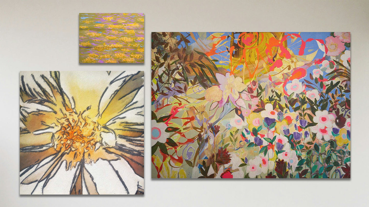 A collage of art in the standard Under the Sun package, including a box board painting of a pond of water lilies in arbitrary colors, a canvas painting of a contemporary, abstracted flower garden, and a canvas photograph of a daisy closeup.