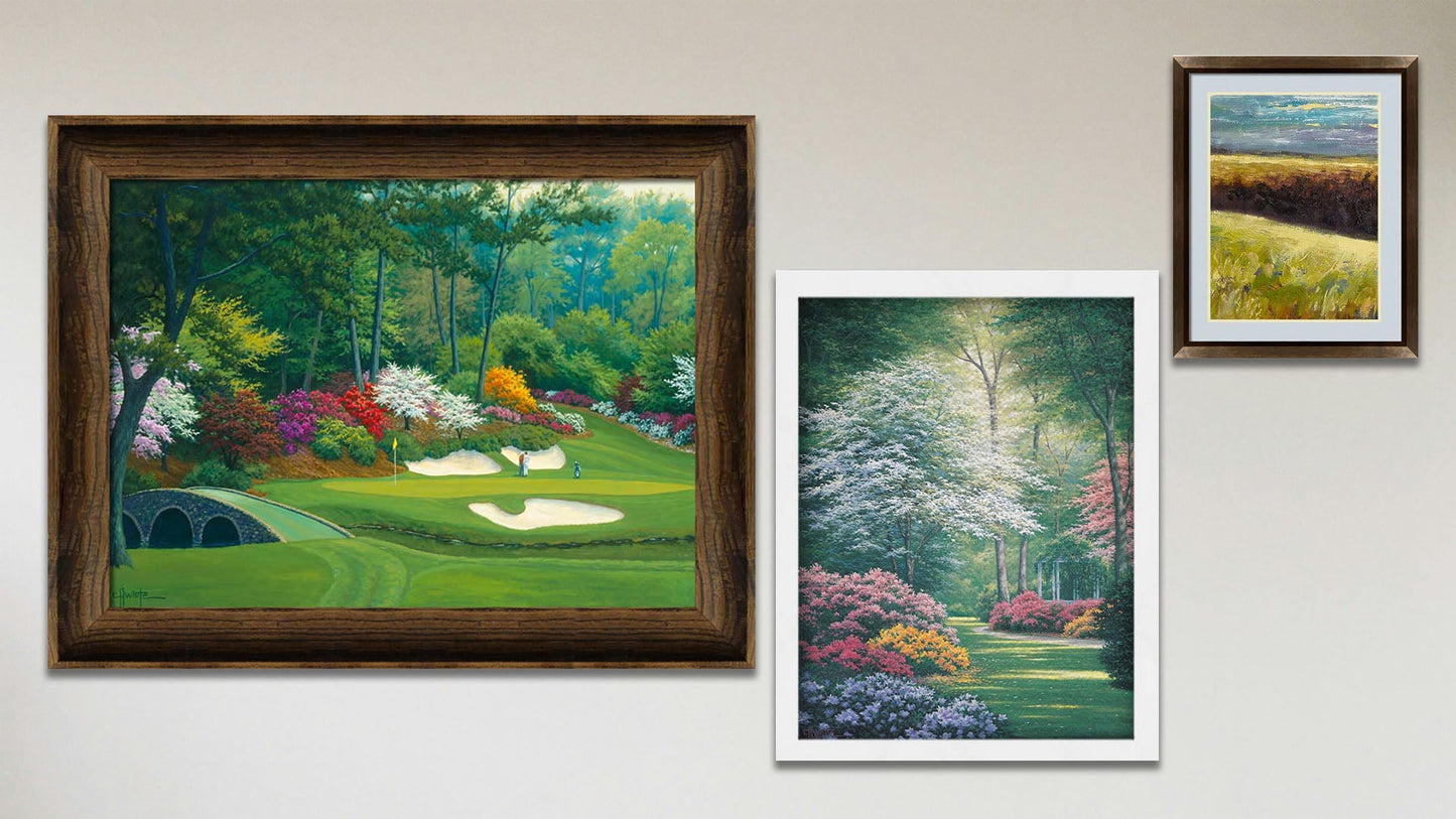 A collage of art in the designer 12th Hole at Augusta package, including a framed painting of Augusta National golf course, a framed painting of a garden clearing with a gazebo, and a matted and framed painting of a meadow landscape.