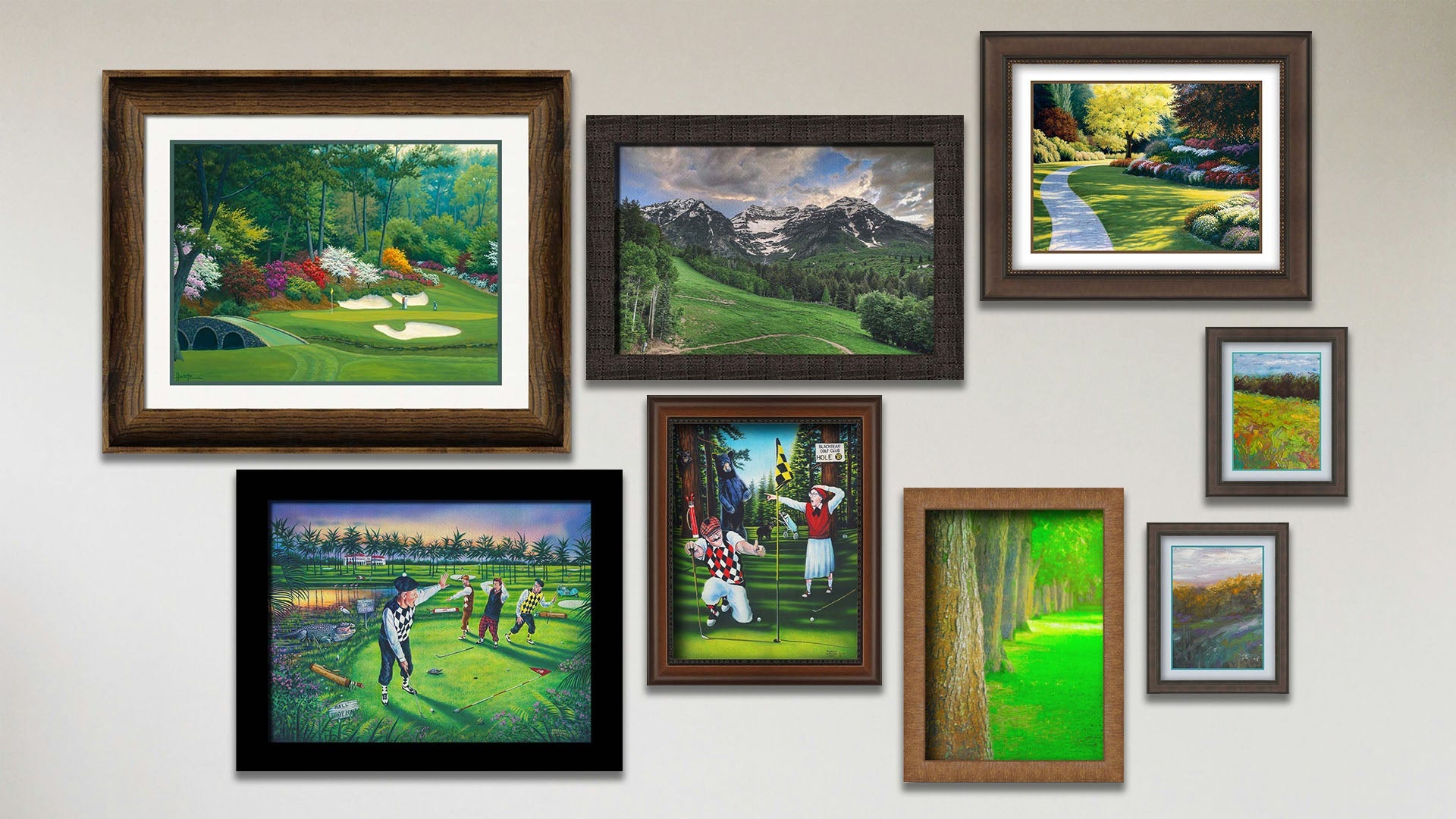 A collage of art in the designer Bear with Me, Dear package, including two matted and framed paintings of Augusta National golf course and a sunny garden, two framed paintings of golfers being interrupted by alligators and golfers being interrupted by bears, two framed photographs of Mount Timpanogos and a park tree line, and two matted and framed paintings of meadow landscapes.