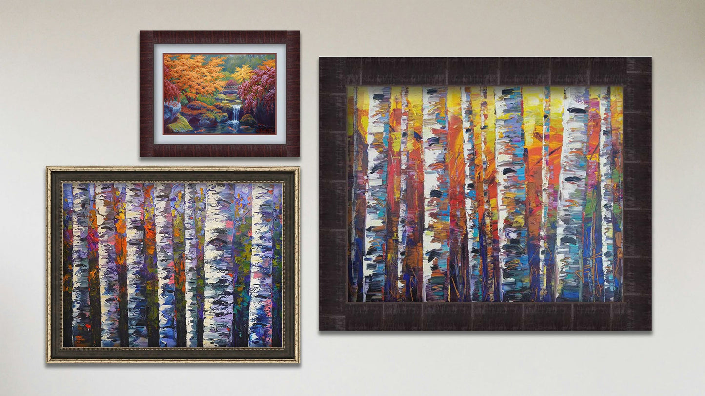 A collage of art in the designer Tangerine Dream package, including two framed paintings of colorful birch forests and a matted and framed painting of a garden with a koi fishpond.