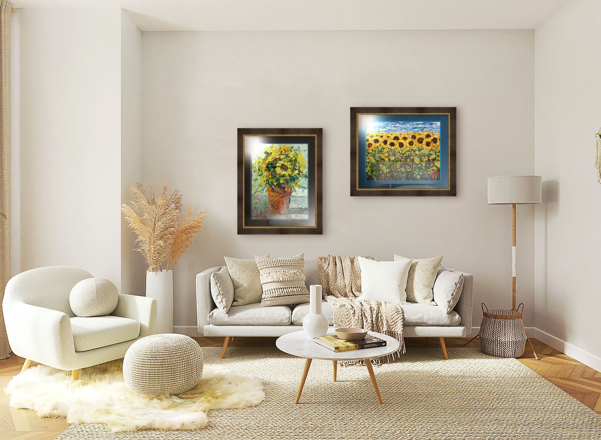 A traditional style living room with white walls and a tan herringbone wood floor. Two matted and framed paintings of sunflowers hang on the wall.