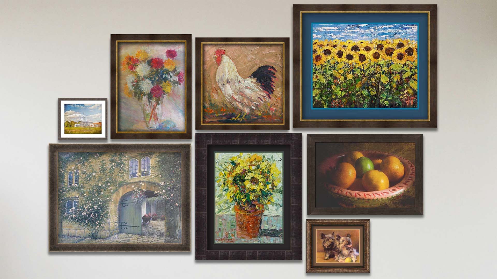 A collage of art in the designer Bird Food package, including three framed paintings of a rooster, a vase of carnation flowers, and a courtyard garden; a framed photo of a bowl of fruit; three matted and framed paintings of a sunflower field, a pot of sunflowers, and two terriers with a tennis ball; and a matted and framed photo of a barn and sky overlaid with the words "I love this life".