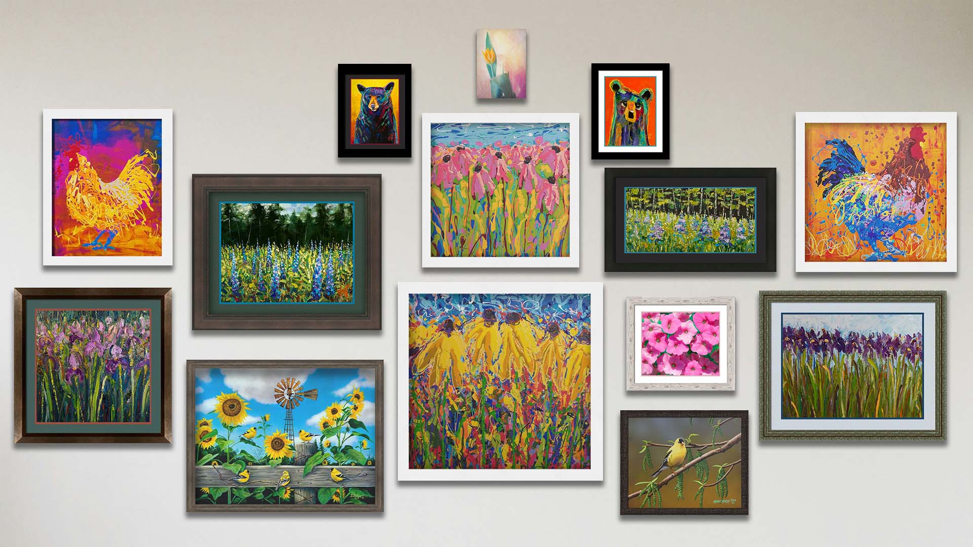 A collage of art in the designer Dressed in Yellow package, including two framed drip paintings of roosters, two framed drip paintings of coneflowers, two matted and framed paintings of irises, two matted and framed paintings of lupines, two matted and framed paintings of colorful bears, a framed painting of gold finches on sunflowers, a framed painting of a gold finch on a twig, a matted and framed photo of pink flowers, and a canvas photo of a yellow tulip.