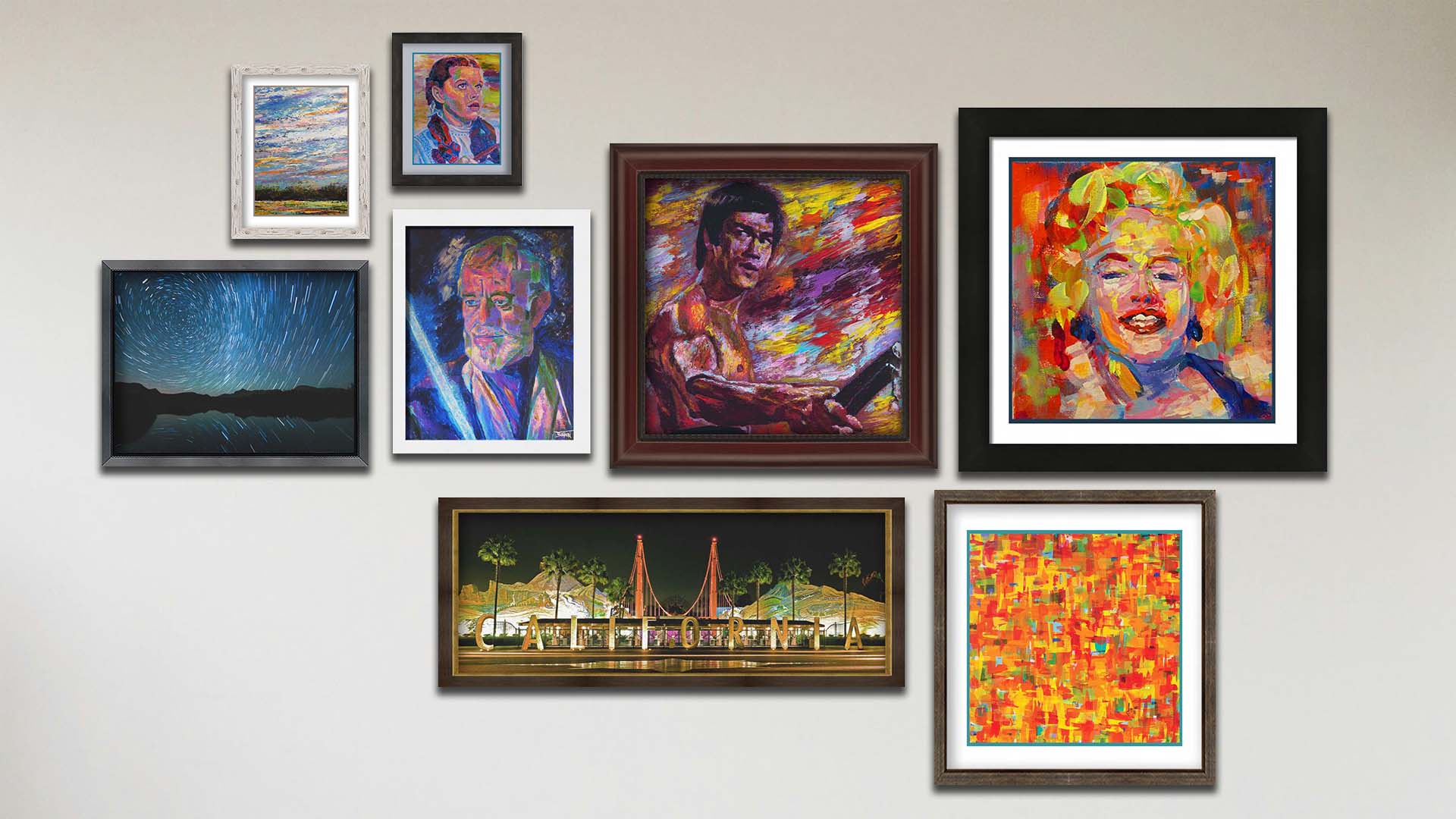 A collage of art in the designer film package, including four matted and framed paintings of a wide open sky and Judy Garland as Dorothy in The Wizard of Oz, Marilyn Monroe, and an abstract colorful contemporary pattern; two framed photographs of the California Adventure sign and the stars over Mirror Lake; and two framed paintings of Alec Guinness as Obi-Wan Kenobi in Star Wars and Bruce Lee.