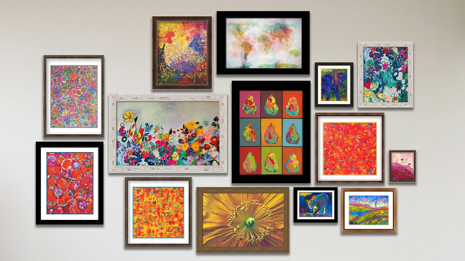 A collage of art in the designer Garden Floral V package, including seven matted and framed paintings of a colorful elephant, a colorful lion, a vibrant abstracted meadow landscape, and four abstract patterns inspired by geometry and flowers; six framed paintings of a rooster, a world map, pears in a grid, two stylish contemporary garden scenes, and an abstracted flower field landscape in pink; and a framed photograph of an orange flower closeup.