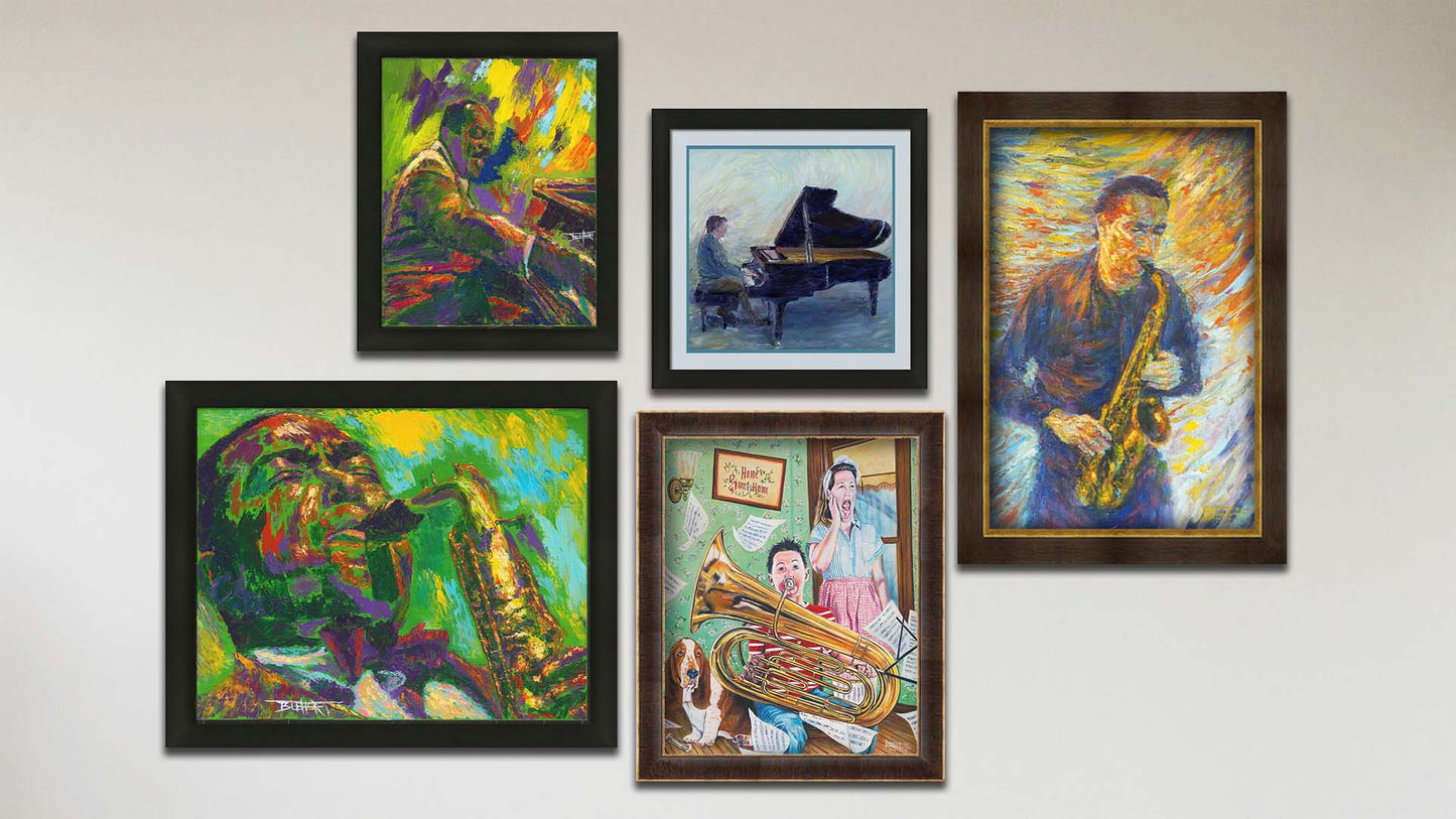 A collage of art in the designer jazz package, including four framed paintings of Charlie Parker, Count Basie, a man playing saxophone, and a child practicing tuba; and a framed painting of a person playing piano.