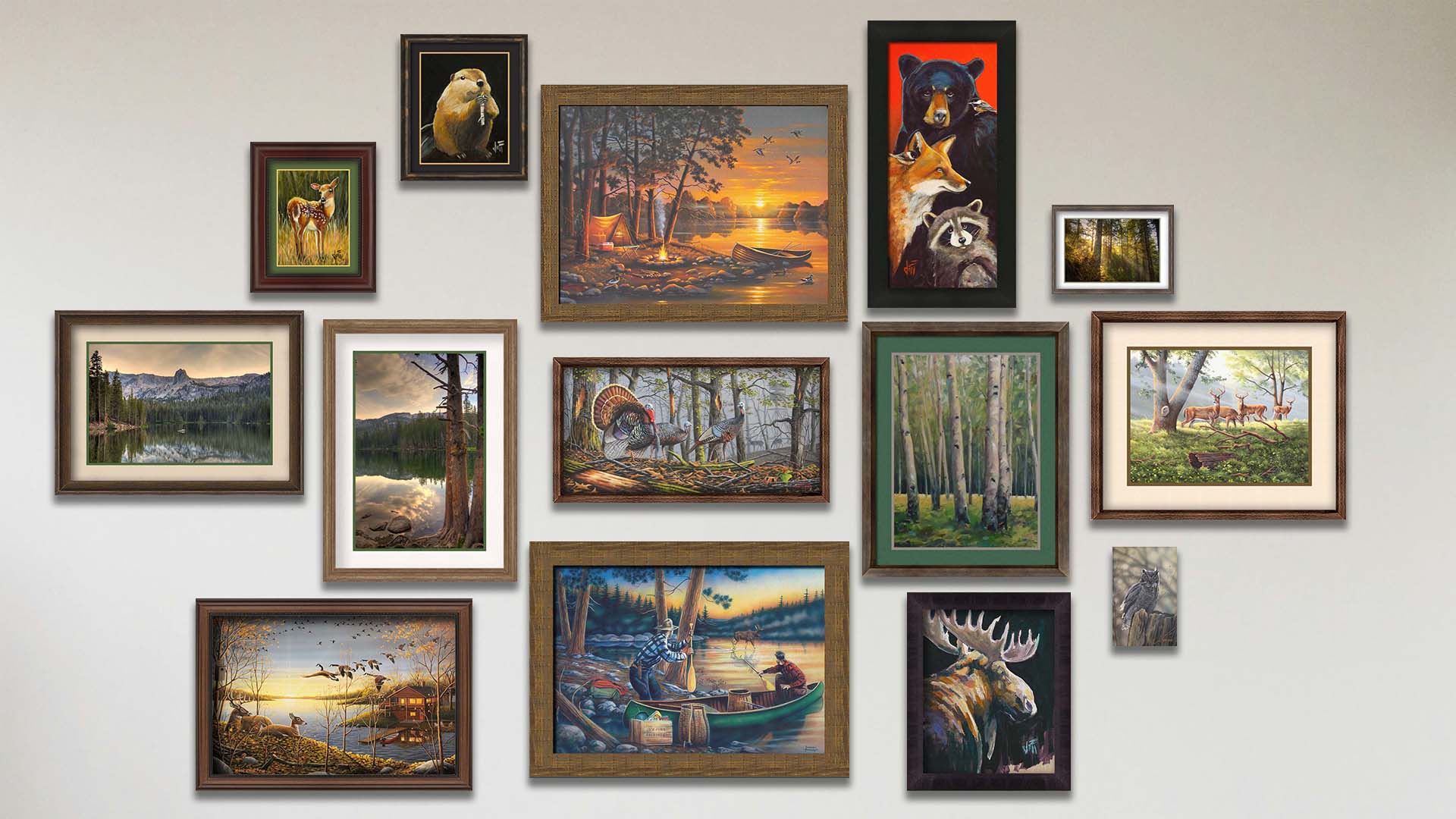 A collage of art in the designer Lucky Break package, including six framed paintings of turkeys in the woods, a lake camp at sunset, a lake cabin at sunset, a moose, canoers at sunset, and a bear, fox, and raccoon; four matted and framed paintings of deer in a forest, a birch forest, a deer, and a beaver; three matted and framed photos of Mamie Lake and Burney Forest in California; and a canvas painting of an owl.