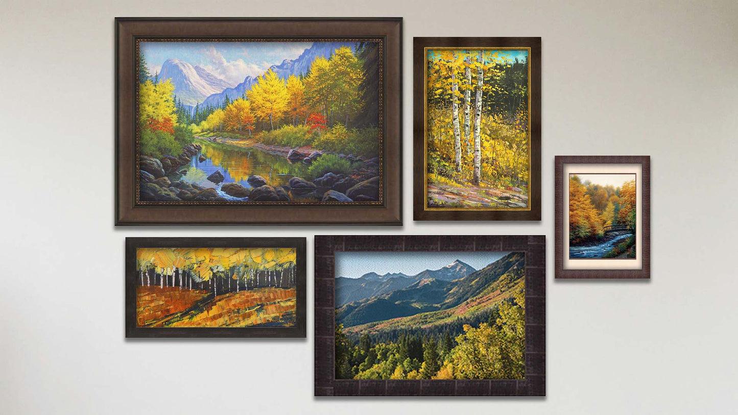 A collage of art in the designer Mountain Stream package, including three framed paintings of a birch forest, an aspen copse, and a stream through a mountain forest in fall; a framed photo of Sundance ski resort in fall; and a matted and framed painting of a stream running through an autumn forest.