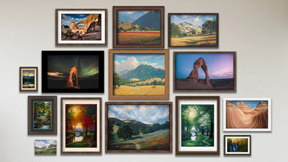 A collage of art in the designer Mt Diablo package, including three framed photos of Delicate Arch and The Wave formations; four framed paintings of vineyards in Oakville, CA, Mount Diablo, and a meadow in spring; four matted and framed photos of Lake Mamie, Burney Falls, the Double O Arches, and Guadalupe River, TX; two matted and framed paintings of a park path in spring and fall; and a canvas photo of Mt Timpanogos in summer.