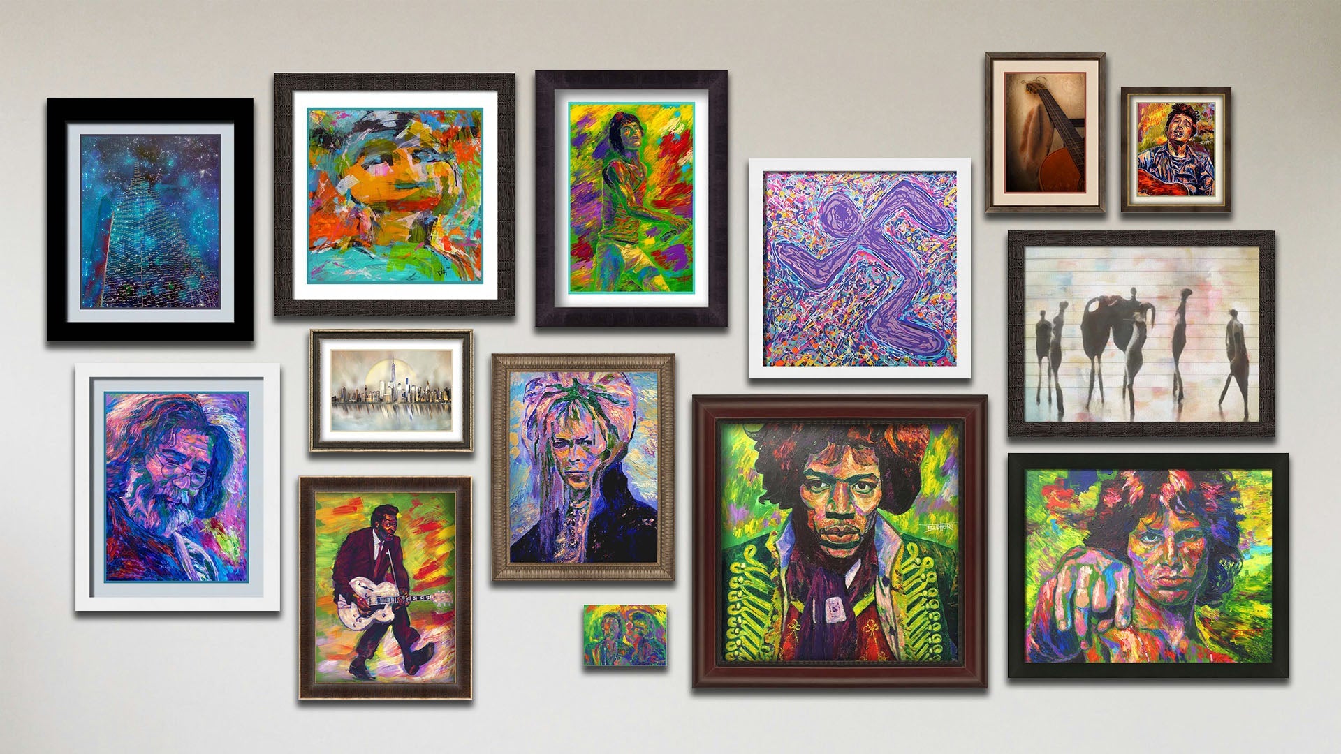 A collage of art in the designer music package, including four matted and framed paintings of Jerry Garcia, Mick Jagger, Bob Dylan, and a contemporary portrait; three matted and framed photographs of a city skyline, a dreamy skyscraper in the night sky, and a guitar; five framed paintings of David Bowie, Jim Morrison, Jimi Hendrix, Chuck Berry, and a contemporary running figure; a framed photograph of dancing figures; and a canvas painting of John Lennon with Paul McCartney.