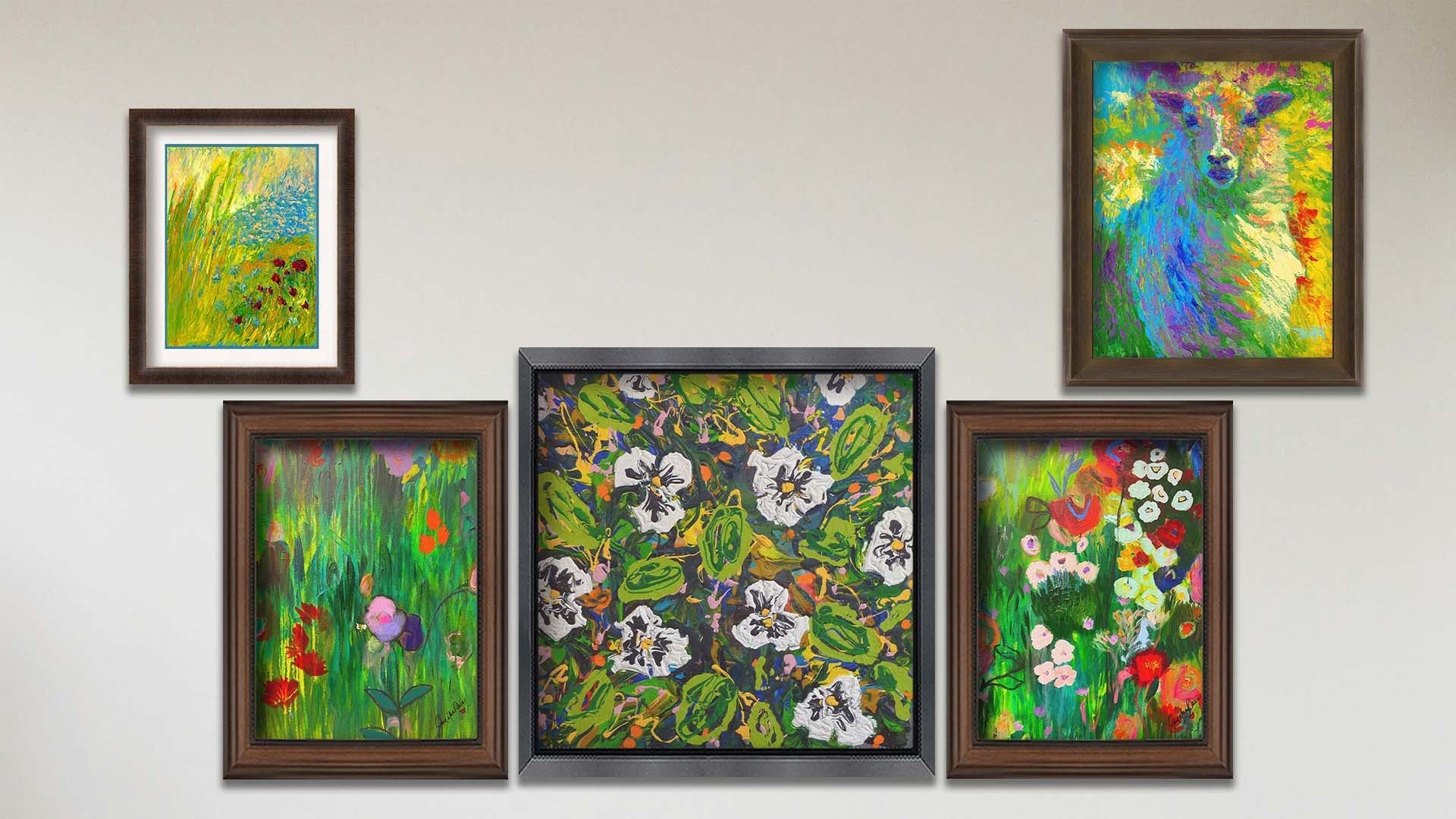 A collage of art in the designer Pansy Dance package, including a matted and framed painting of an abstracted pond, a framed painting of a colorful sheep, a framed contemporary painting of a pansy garden, and a set of two framed paintings of contemporary flower gardens.