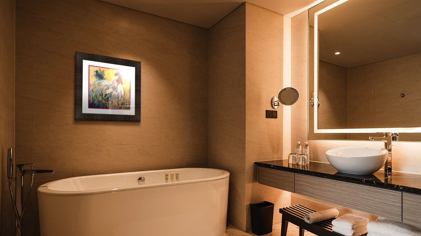 A warm-toned bathroom with a large tub. A matted and framed painting of a rooster hangs on the wall.