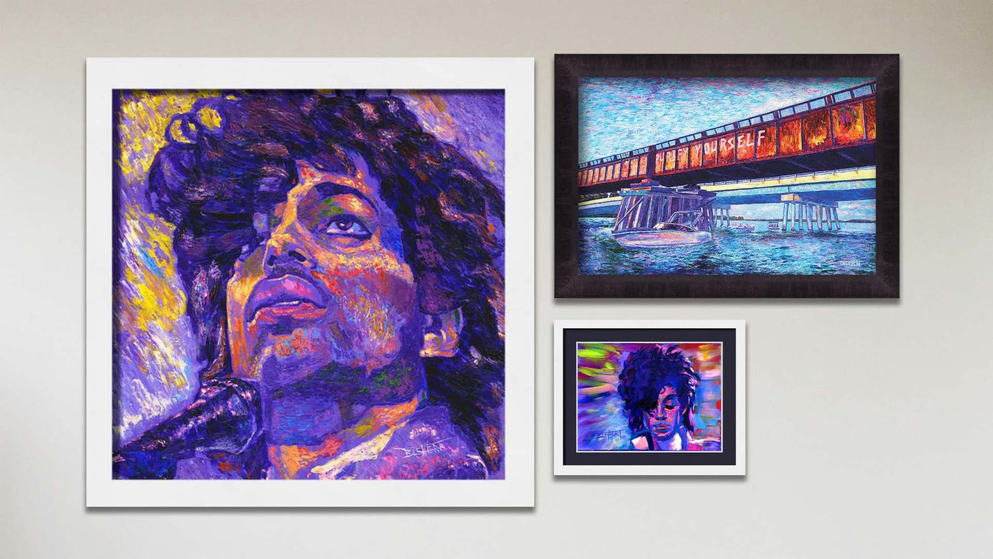 A collage of art in the designer Prince package, including a matted and framed painting of Prince, a framed painting of Prince, and a framed painting of a Minnesota bridge with "Purify Yourself" graffiti referencing the 1984 "Purple Rain" Prince movie.