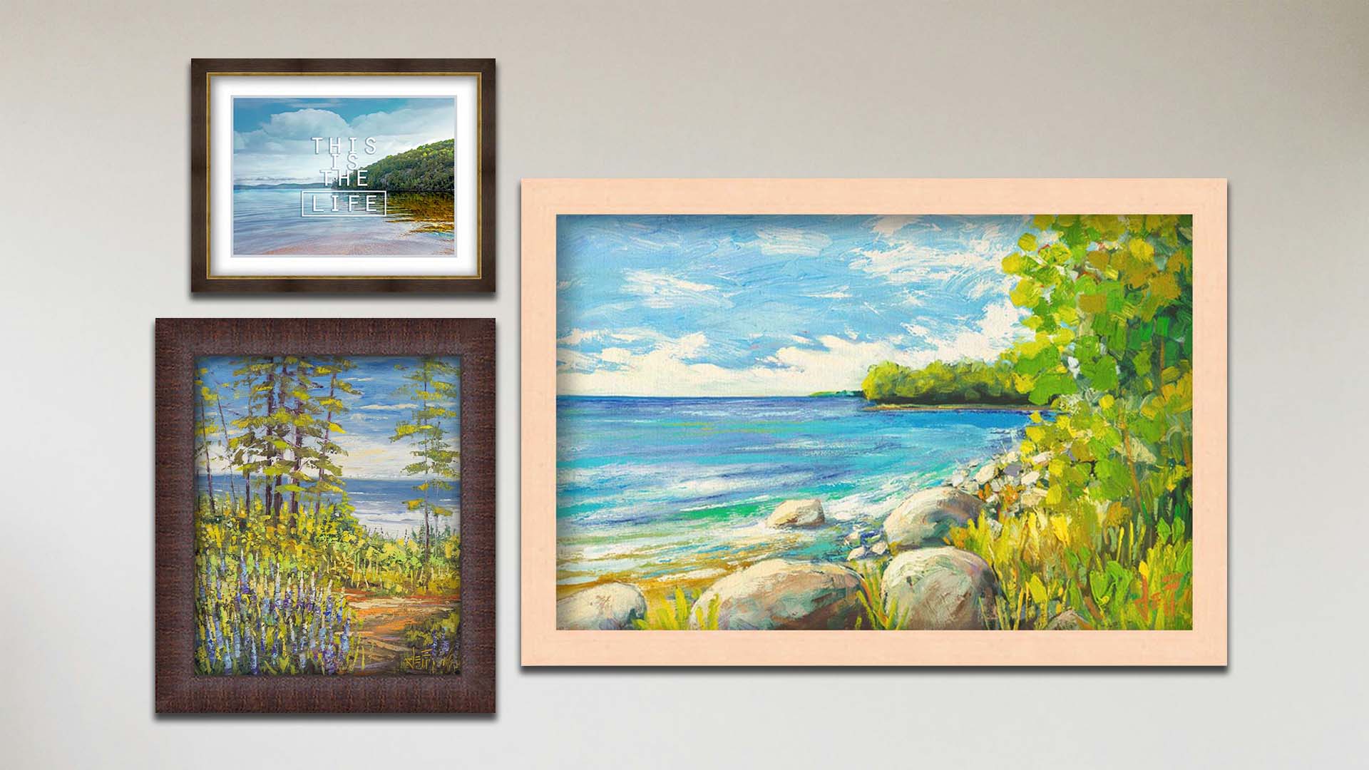 A collage of art in the designer Tranquil Harbor package, including a framed painting of a bay from the shoreline, a framed painting of the sea from a copse with lupine plants, and a matted and framed photograph of a bay overlaid with the text "This is the life."