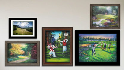 A collage of art in the designer Quiet on the Green package, including a framed painting of golfers being interrupted by bears, a framed painting of golfers being interrupted by alligators, two framed paintings of garden paths, and a matted and framed photo of Mount Timpanogos.