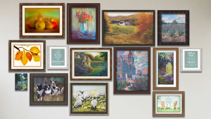 A collage of art in the designer St. Paul in the Spring package, including a canvas painting of a home and garden; two matted and framed inspirational word art designs; a matted and framed photo of two lawn chairs overlaid with a quote; four matted and framed paintings of fruit, leaves, and two gardens; and six framed paintings of St. Paul, Minnesota, a farm, grazing sheep, dogs in a chair, a flower vase, and a rose field at Lake Harriet.