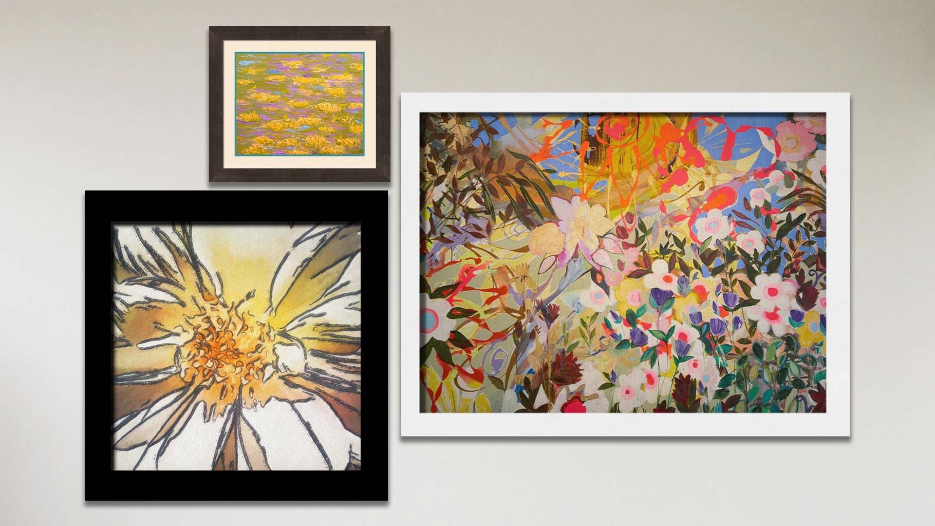 A collage of art in the designer Under the Sun package, including a matted and framed painting of a pond of water lilies in arbitrary colors, a framed painting of a contemporary, abstracted flower garden, and a framed photograph of a daisy closeup.