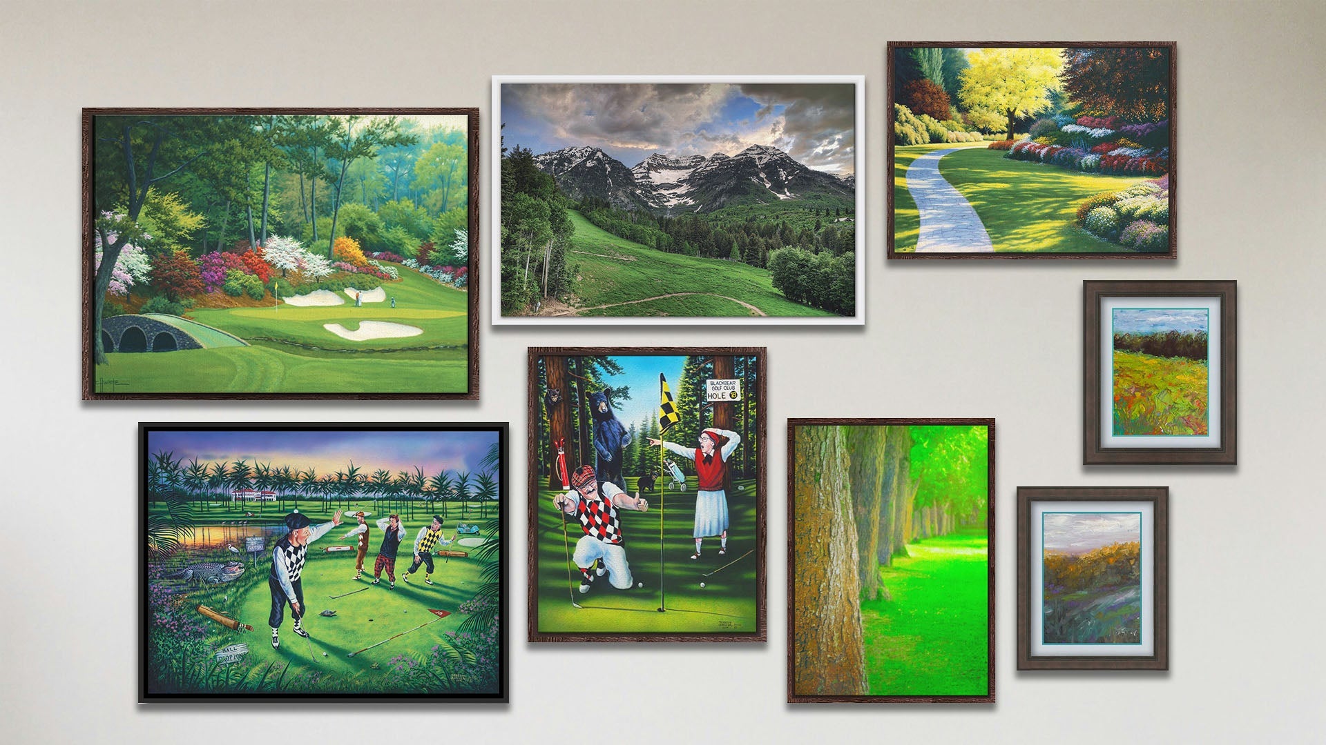 A collage of art in the luxury Bear with Me, Dear package, including four float framed paintings of Augusta National golf course, golfers being interrupted by alligators, a sunny garden, and golfers being interrupted by bears; two float framed photographs of Mount Timpanogos and a park tree line; and two matted and framed paintings of meadow landscapes.