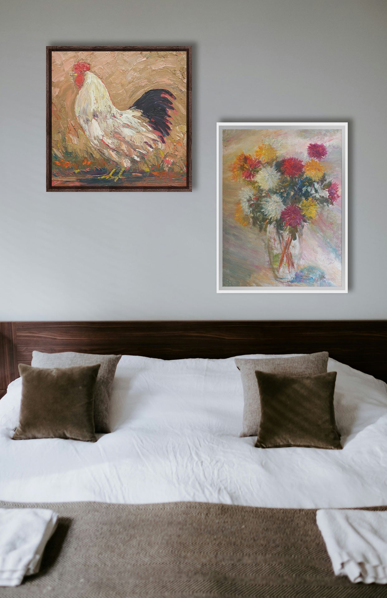 A typical bedroom with light walls and a cozy brown bed. A float framed painting of a rooster and a float framed painting of a flower vase hang on the wall.