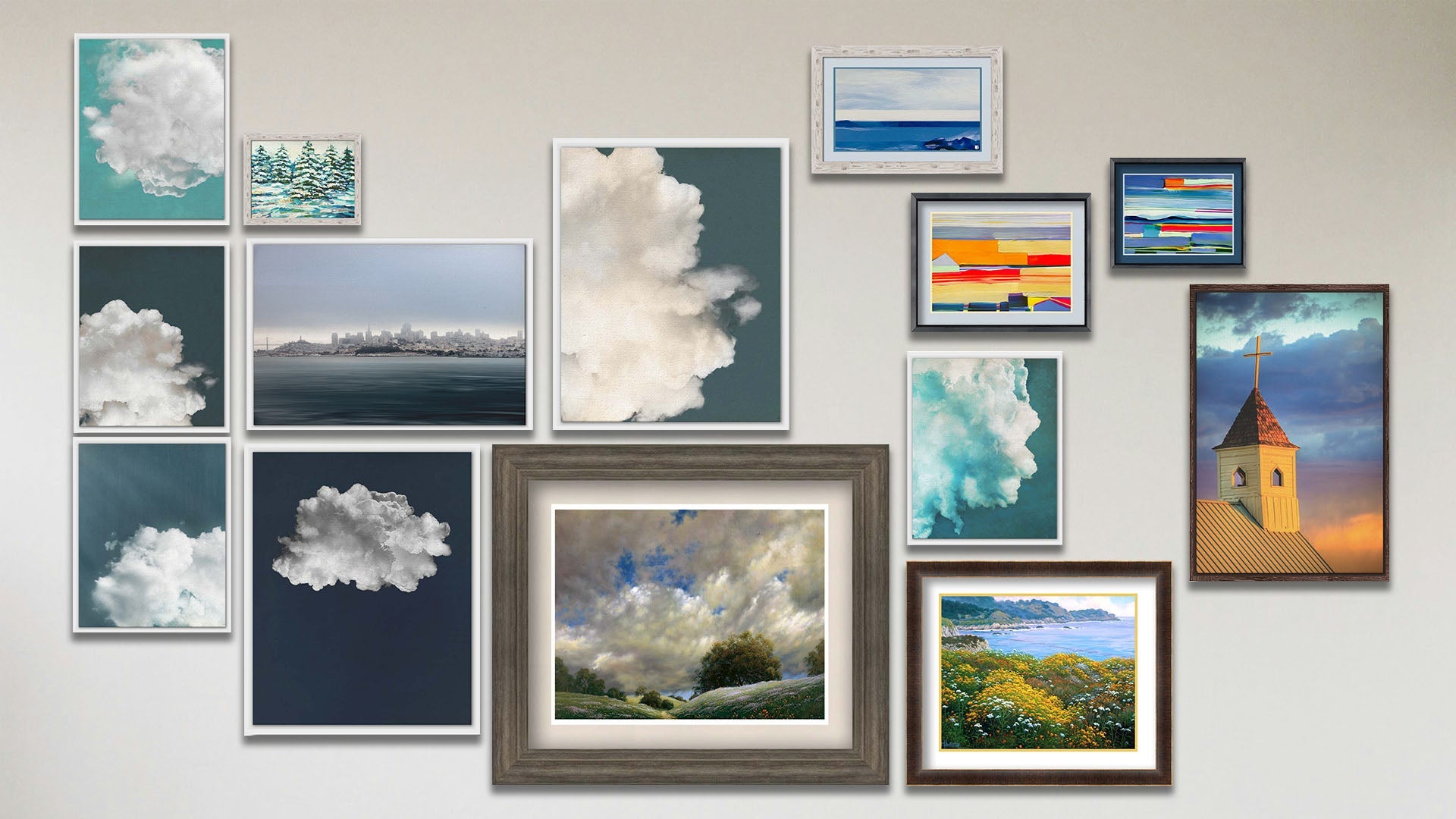 A collage of art in the luxury Clouds package, including three matted and framed abstract paintings invoking sea and field landscapes, a matted and framed painting of the cloudy sky over a green hill, a matted and framed painting of cliffside greenery above the sea, a framed painting of snowy evergreens, two float framed photographs of the San Francisco skyline and a church at sunset, and six float framed photographs of clouds.