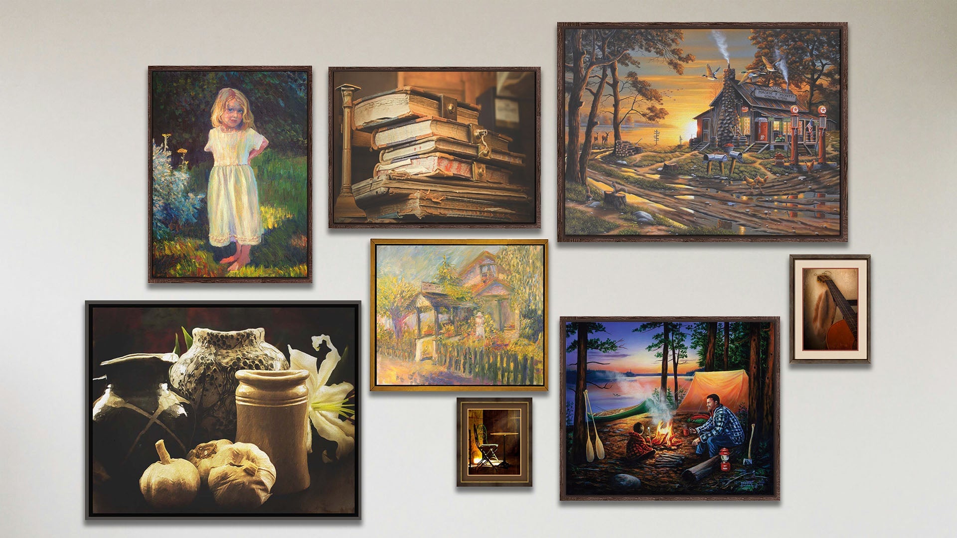 A collage of art in the luxury Crack of Dawn package, including four float framed paintings of an old lakeside gas station, people camping at sunset, a garden store, and a child in a garden; two float framed photos of old books and pottery; and two matted and framed photos of an old guitar and a dining chair.