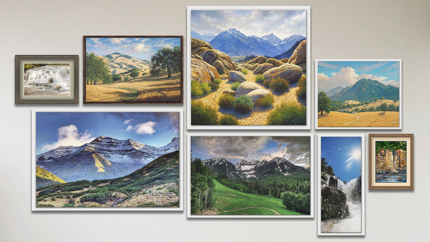 A collage of art in the luxury First Snow Timpanogos package, including three float framed photos of Mount Timpanogos, Sundance Ski Resort, and Diamond Fork hot spring in Utah; three float framed paintings of Mount Whitney and Mount Diablo; a matted and framed photograph of a small waterfall at an old mill; and a matted and framed painting of a waterside cliff face.